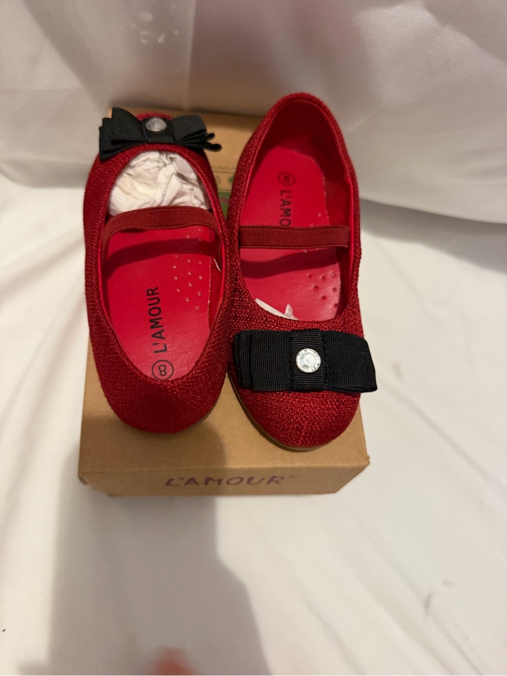 NWT LAmour Red Linen Ballet Flat Black Bow Rhinestone Size 8 Girls